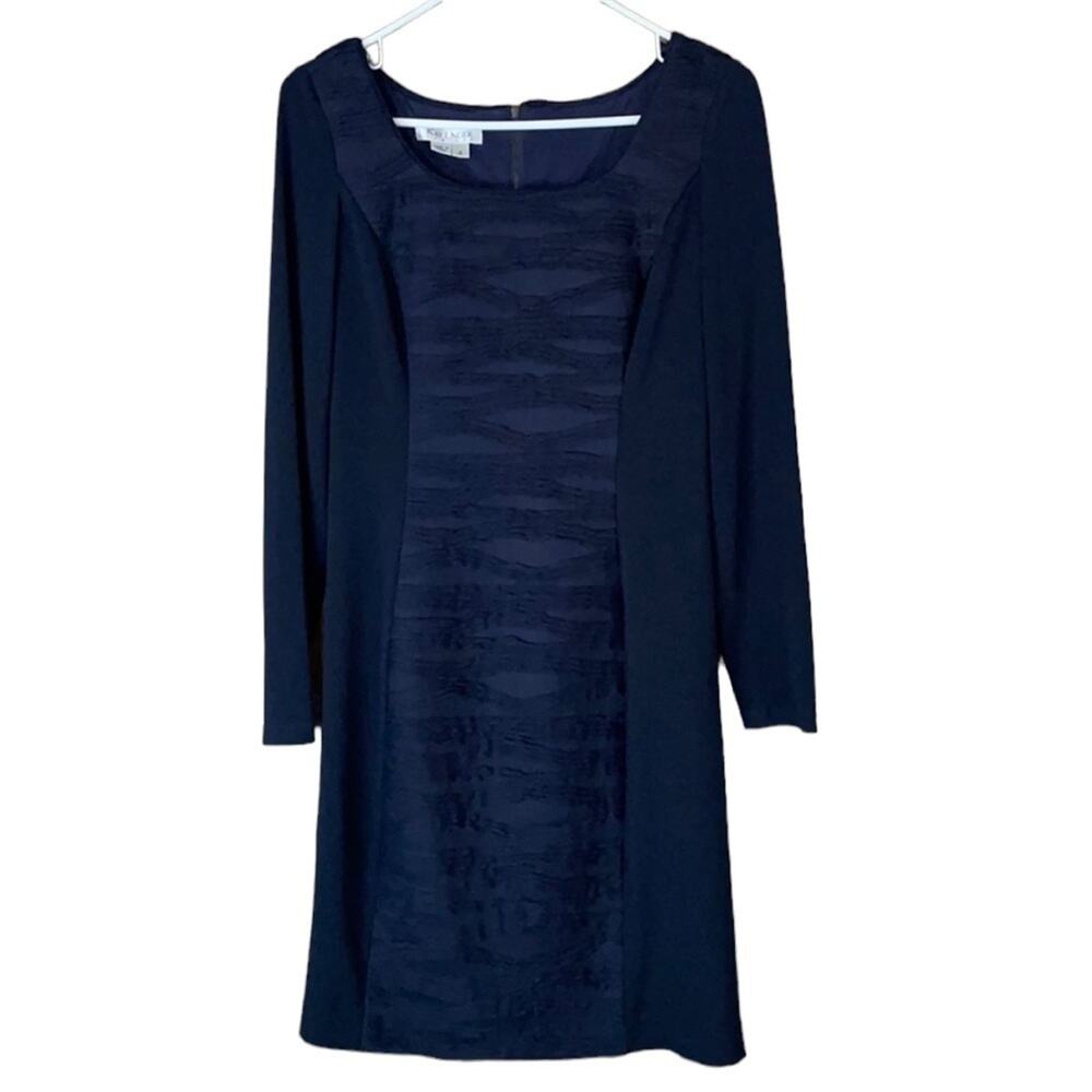 Kay Unger New York Long Sleeve Shift Dress Textured Pattern Navy Blue Size 4